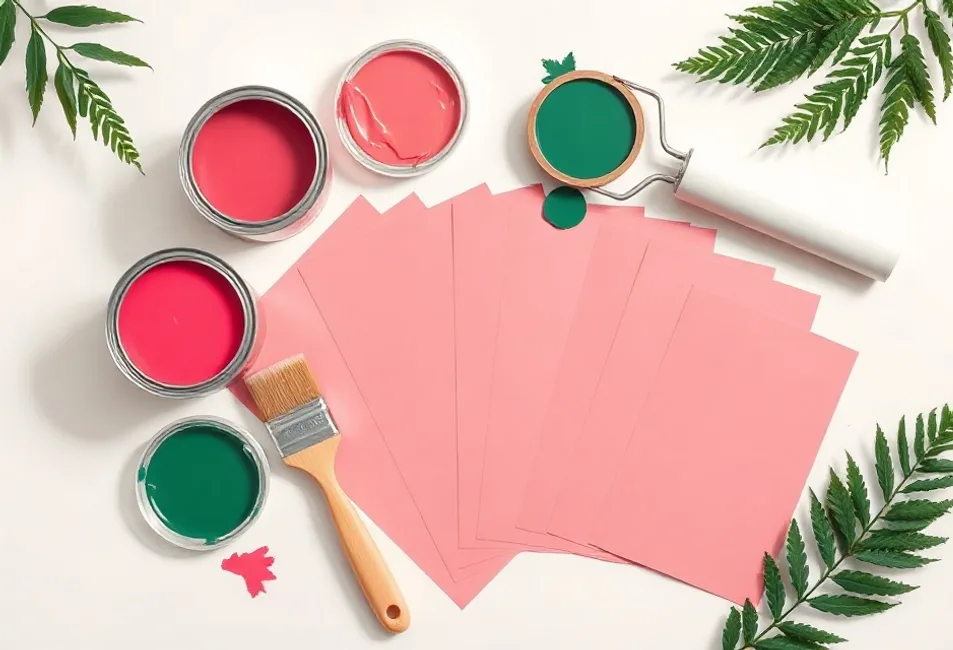 Pots de peinture, nuancier, brosses et rouleaux disposés à plat