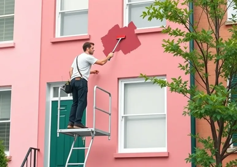 Peintre sur échafaudage traitant la façade d'une maison