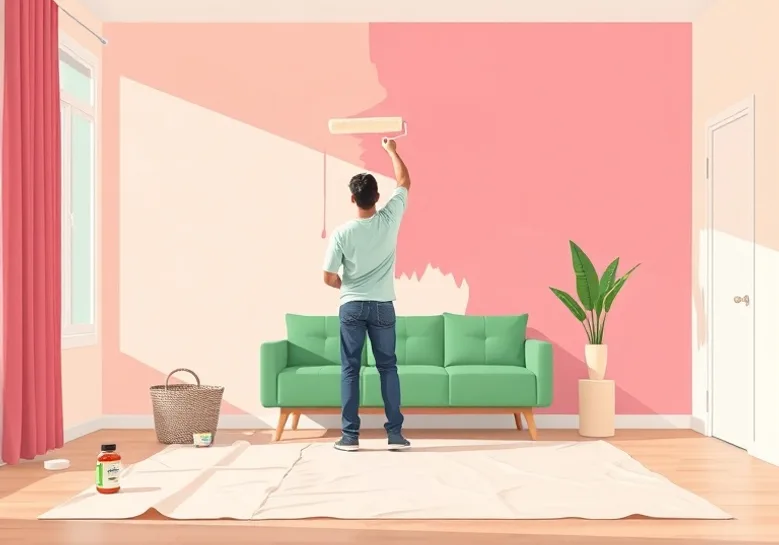 Peintre appliquant la peinture au rouleau sur un mur de salon